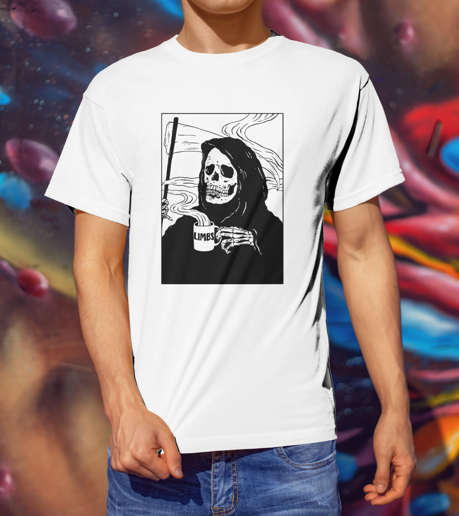 Chelsea Grin Down Right Merch Limbs Coffee Reaper Skeleton Holding Scythe And Mug T-Shirt
