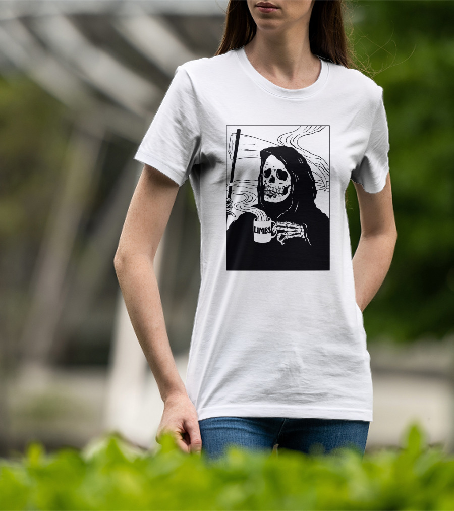 Chelsea Grin Down Right Merch Limbs Coffee Reaper Skeleton Holding Scythe And Mug T-Shirt