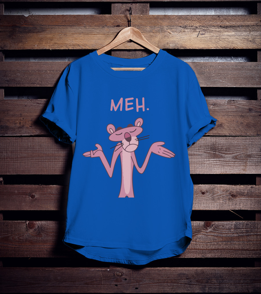 Qwertee Pink Panther Meh Apathy Blue Background T-Shirt