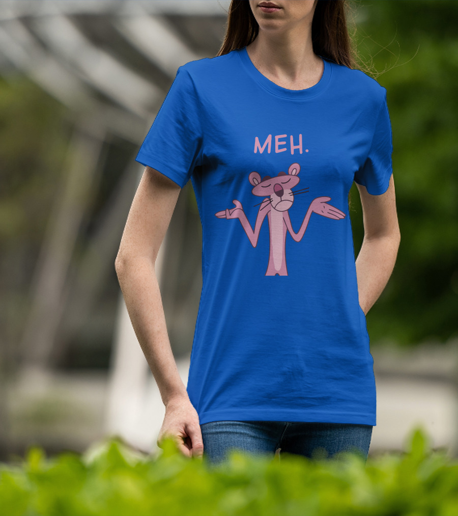 Qwertee Pink Panther Meh Apathy Blue Background T-Shirt