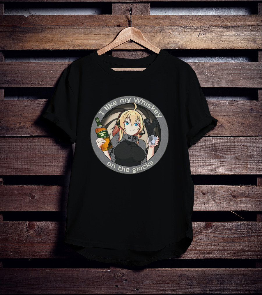 Waifu Dynamics Merch Whiskey Glocks Anime Character I Like My Whiskey T-Shirt