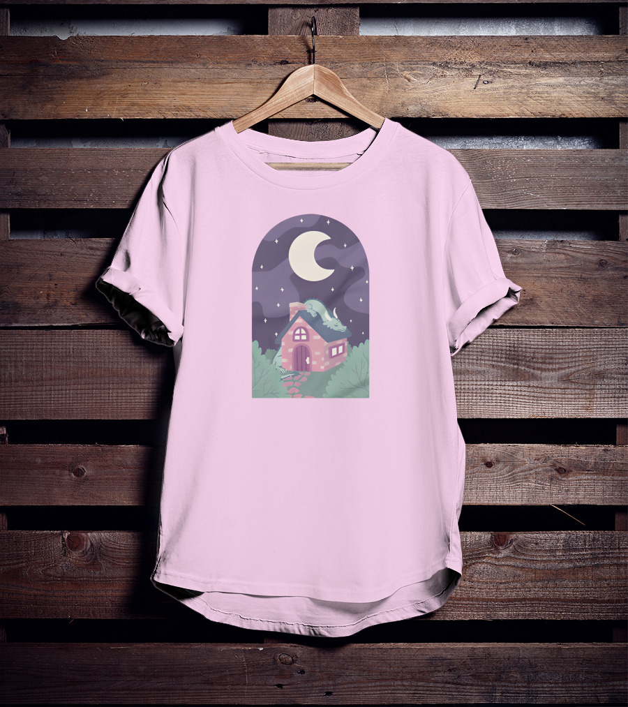 Sleepy Draginn Under Night Sky Crescent Moon Pastel Cottage T-Shirt