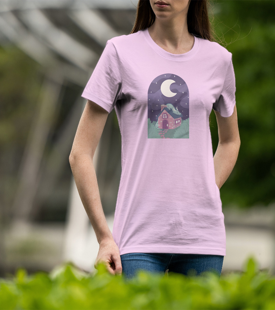 Sleepy Draginn Under Night Sky Crescent Moon Pastel Cottage T-Shirt