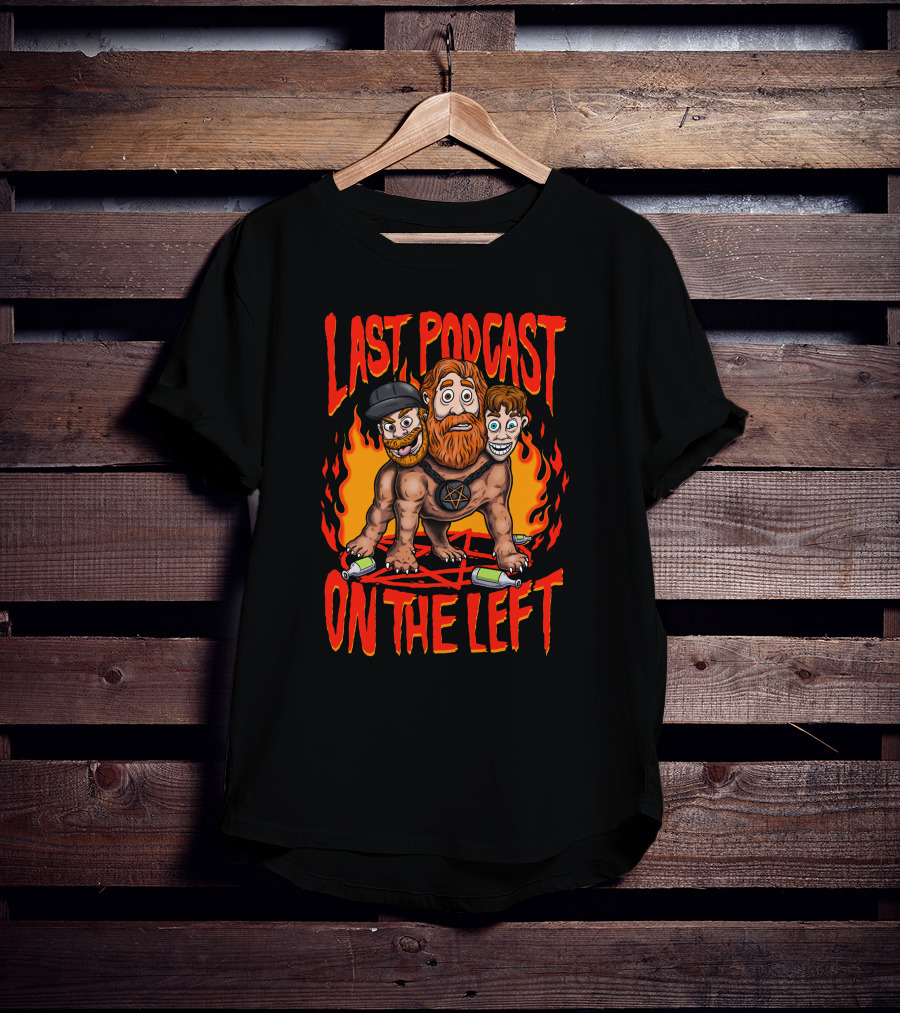 Last Podcast On The Left Hellhound Fire Pentagram Three-Headed Cartoon T-Shirt
