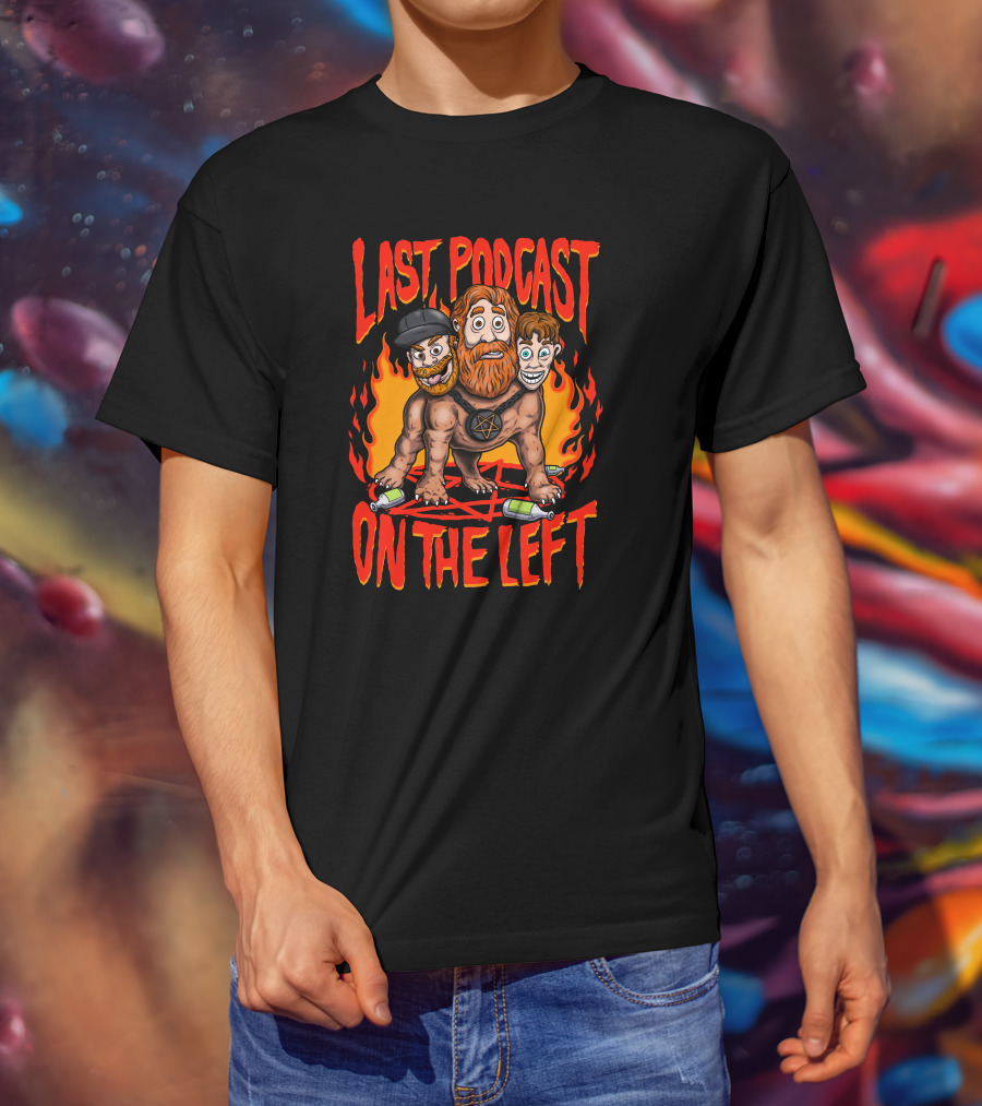Last Podcast On The Left Hellhound Fire Pentagram Three-Headed Cartoon T-Shirt