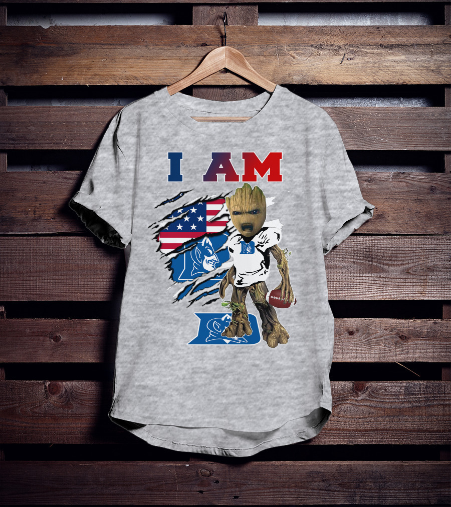 I AM Duke Baby Groot With American Football And Flag Background T-Shirt