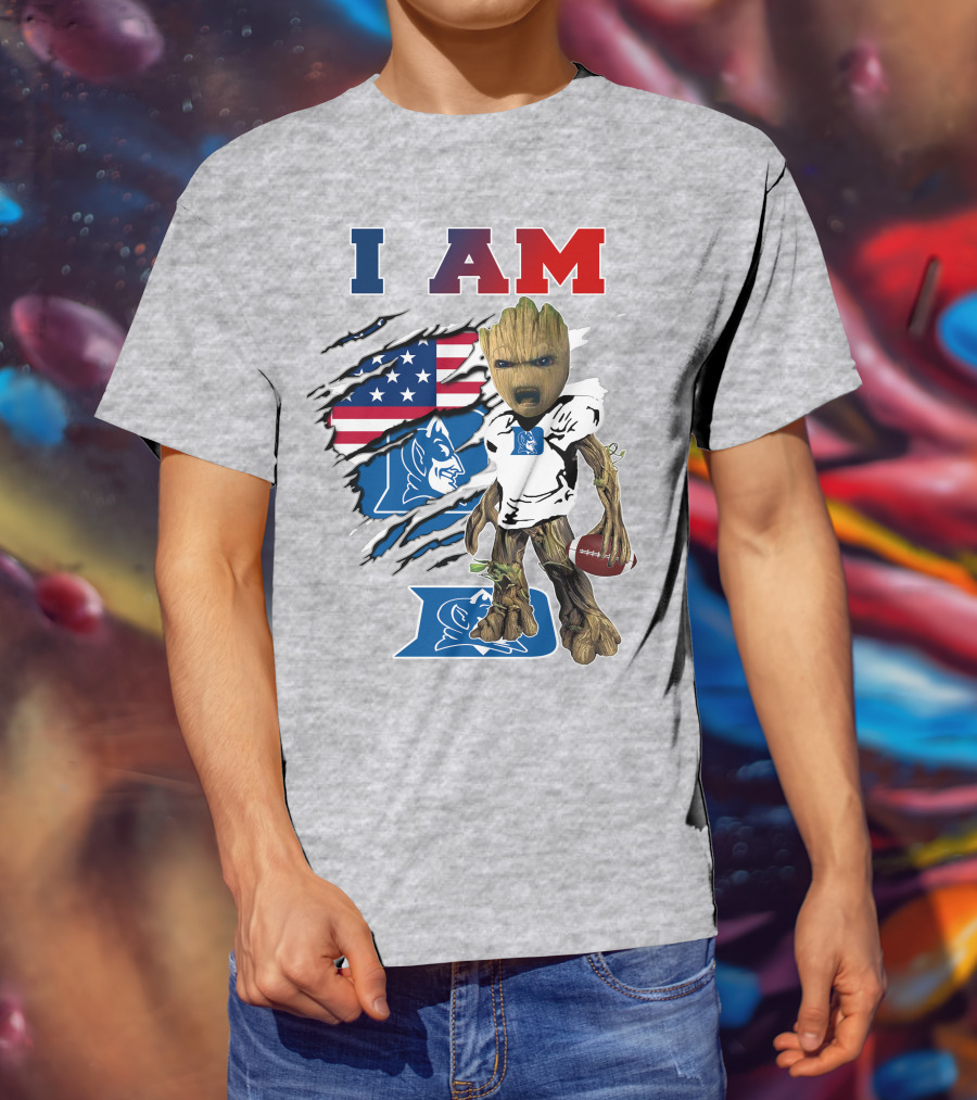 I AM Duke Baby Groot With American Football And Flag Background T-Shirt