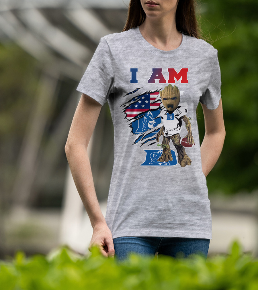 I AM Duke Baby Groot With American Football And Flag Background T-Shirt
