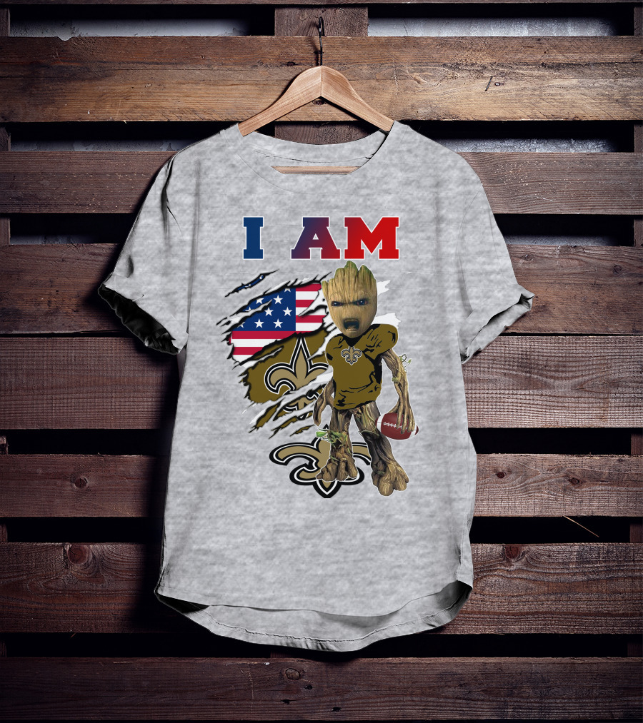 I Am Saints Baby Groot Nfl Football Fleur-De-Lis Usa Flag T-Shirt