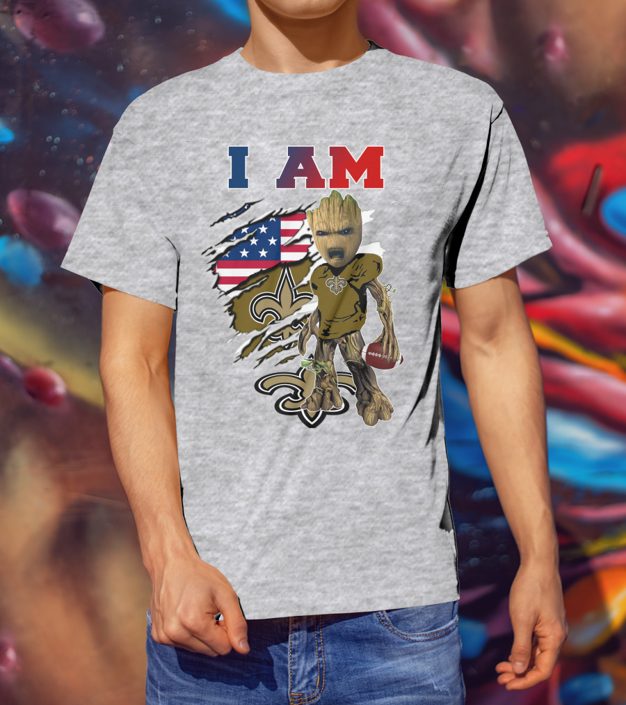 I Am Saints Baby Groot Nfl Football Fleur-De-Lis Usa Flag T-Shirt