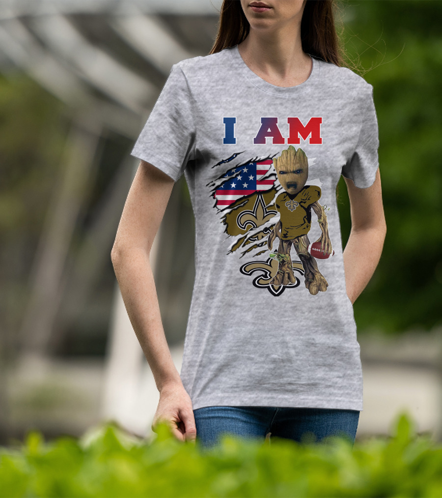 I Am Saints Baby Groot Nfl Football Fleur-De-Lis Usa Flag T-Shirt