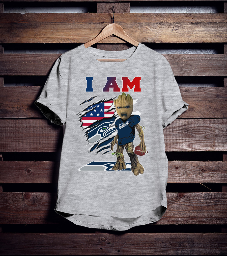 I AM Seahawks Baby Groot Football American Flag T-Shirt