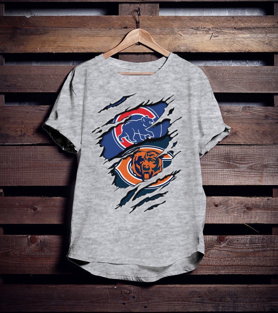 Cubs Bears Dual Logo Design Ripped Tear Combination T-Shirt