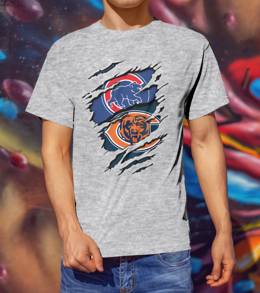 Cubs Bears Dual Logo Design Ripped Tear Combination T-Shirt