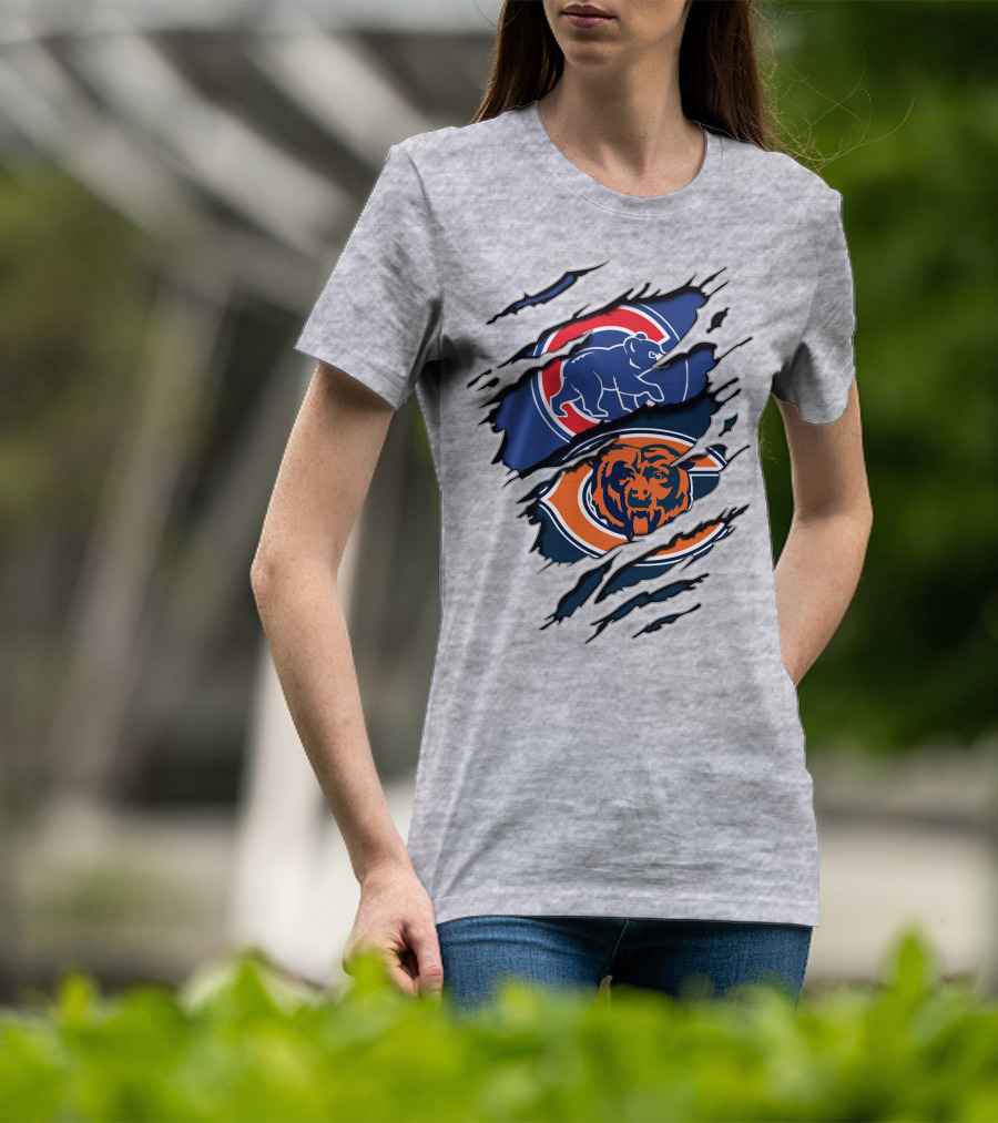 Cubs Bears Dual Logo Design Ripped Tear Combination T-Shirt