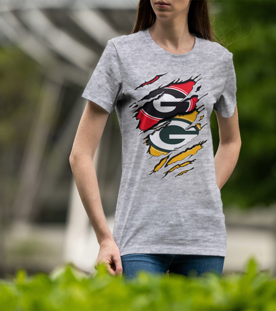 Green Bay Packers Georgia Bulldogs Dual Logo Rip Claw Marks T-Shirt