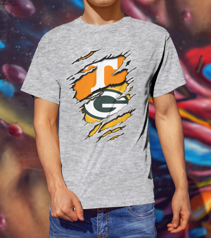 Tennessee Vols And Green Bay Packers Torn Logo Fusion T-Shirt