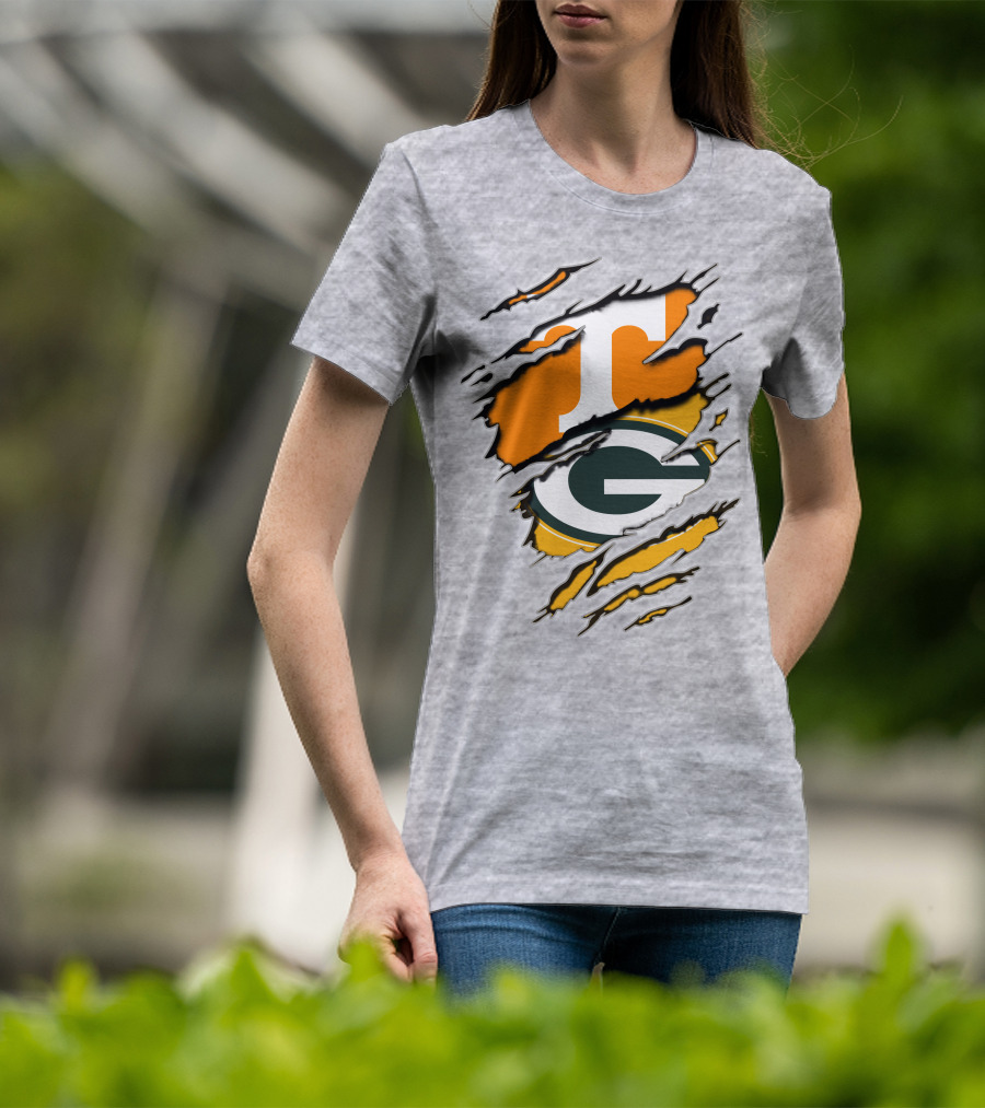 Tennessee Vols And Green Bay Packers Torn Logo Fusion T-Shirt