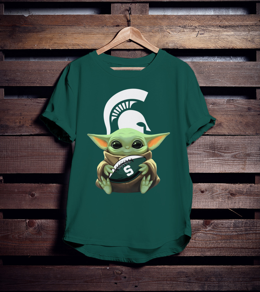Baby Yoda Holding Football With Michigan State Spartans Helmet T-Shirt