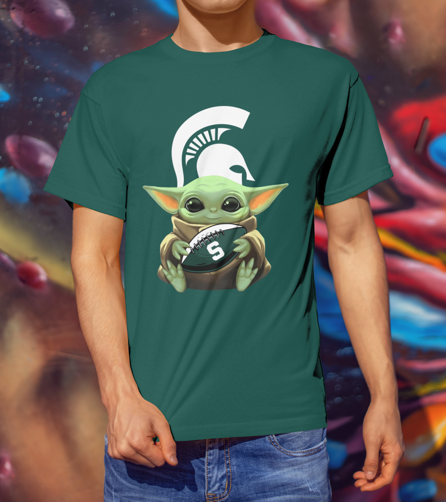 Baby Yoda Holding Football With Michigan State Spartans Helmet T-Shirt