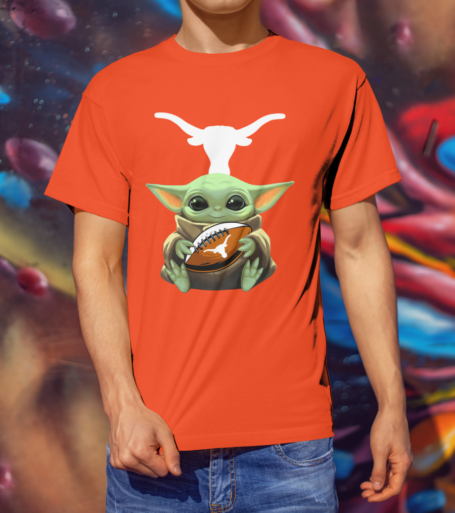 Baby Yoda Longhorns Football Logo Orange Background T-Shirt