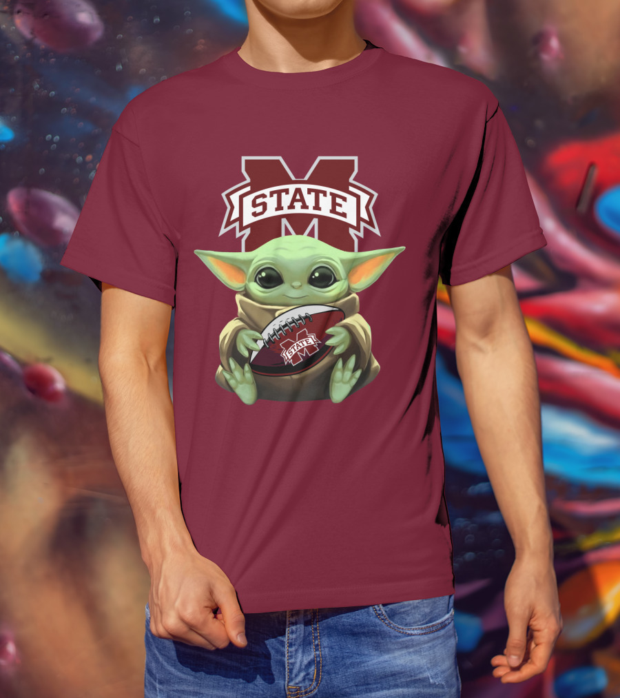 Baby Yoda Holding Mississippi State Bulldogs Football T-Shirt