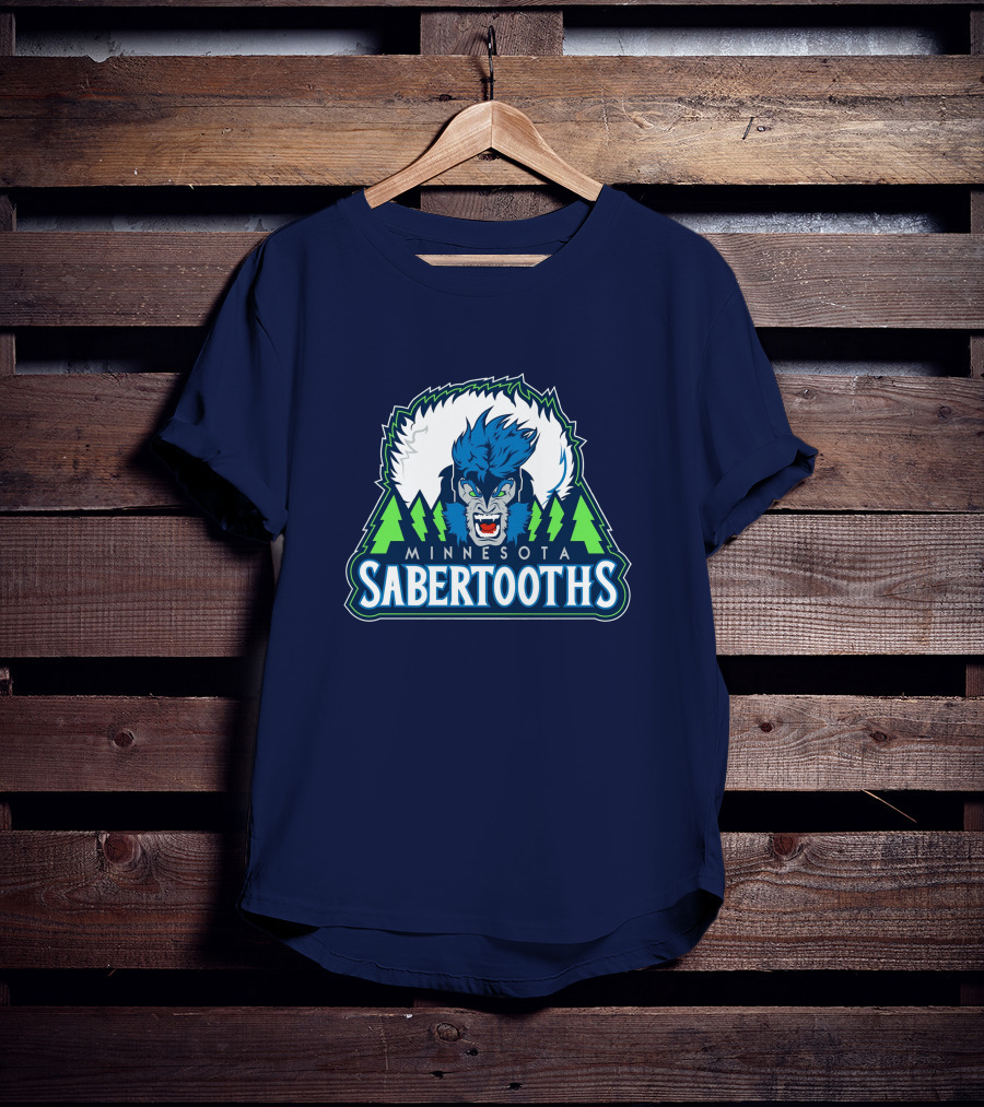 Minnesota Sabertooths NBA Logo With Blue Sabertooth And Green Pine Trees T-Shirt