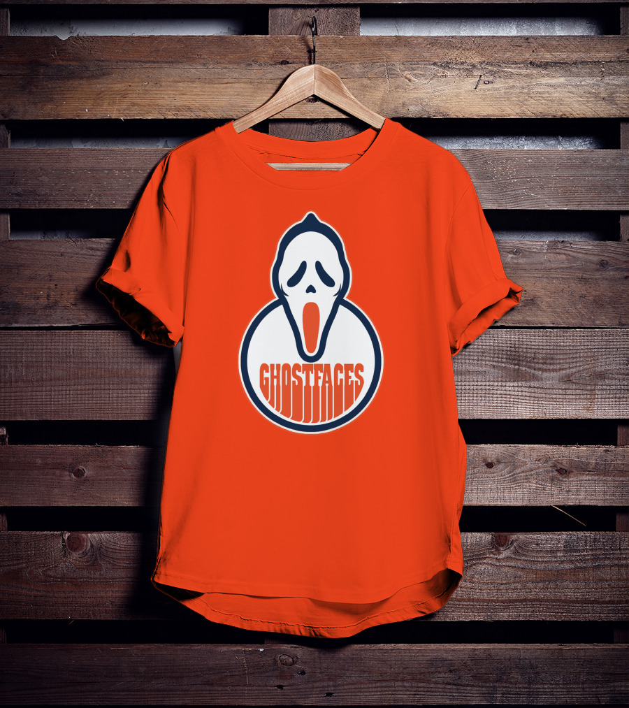 Edmonton Ghostfaces NHL Scream Parody Logo Orange Background T-Shirt