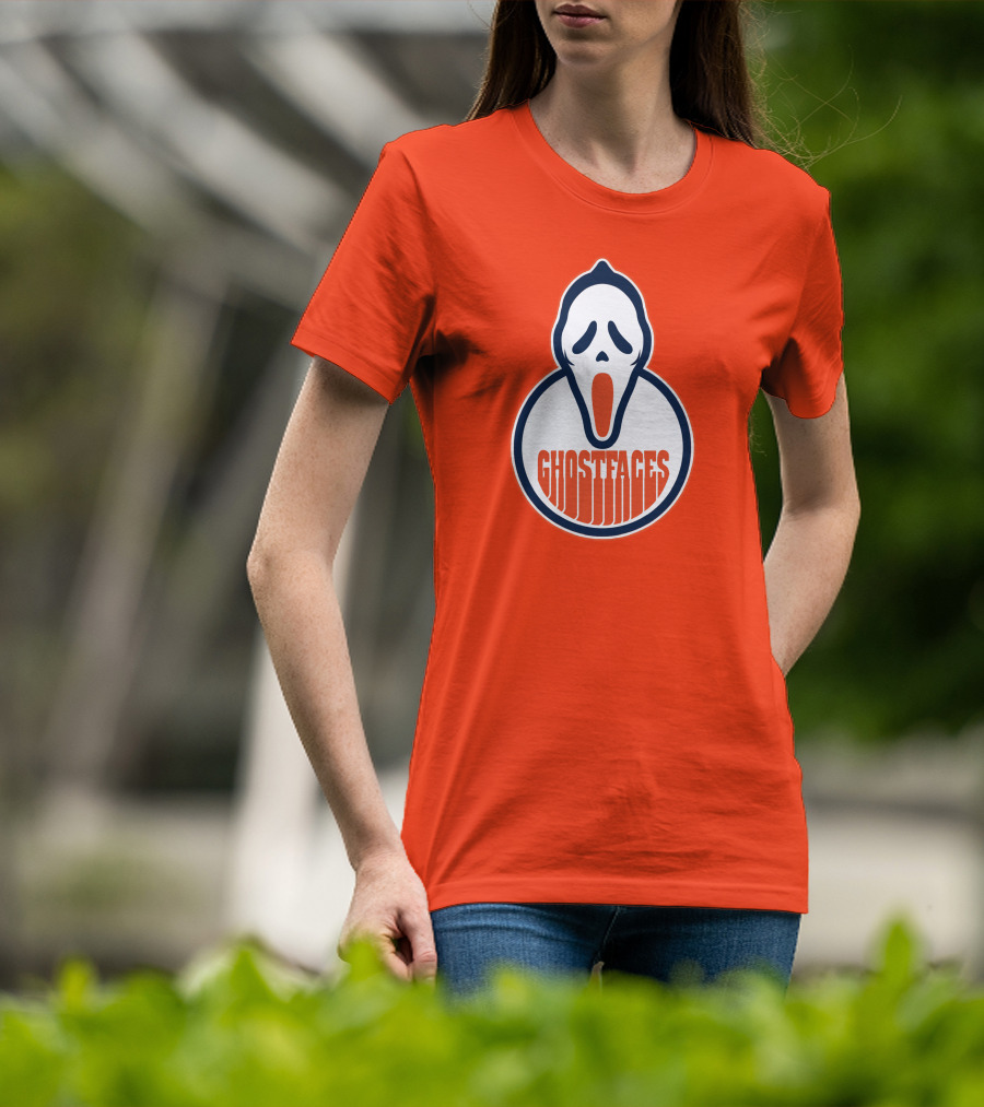 Edmonton Ghostfaces NHL Scream Parody Logo Orange Background T-Shirt