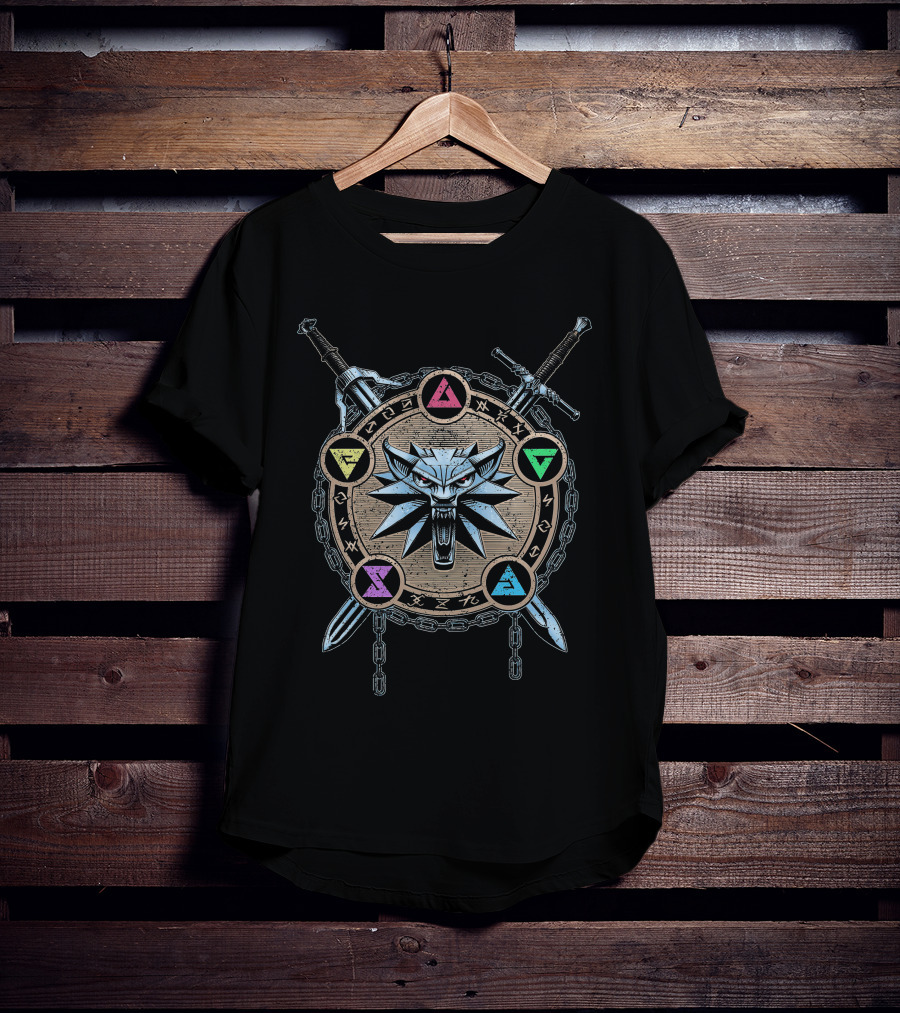 Mark Of Wolf Color Wild Hunt Witcher Medallion And Swords With Elemental Symbols T-Shirt