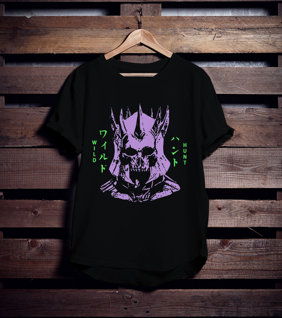 Wild Hunt 3 Skull Helmet Purple Japanese Text T-Shirt
