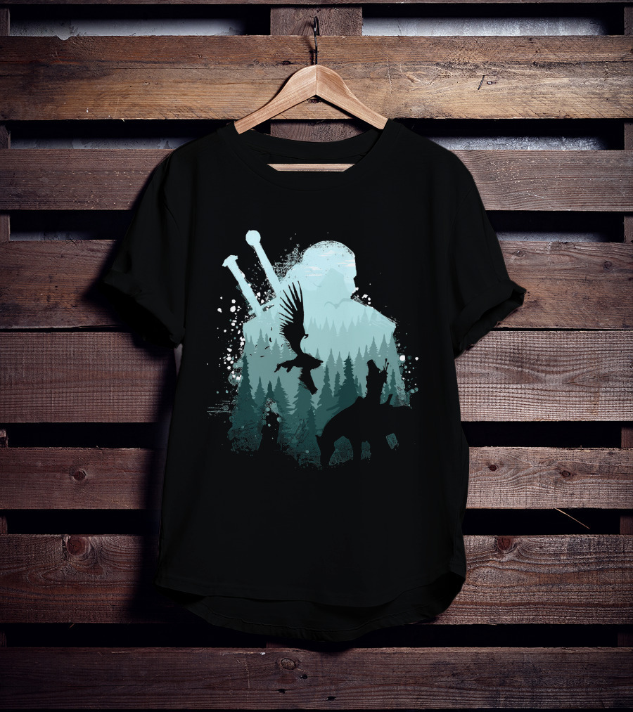 Wild Huntsman Silhouette With Swords Forest And Animals T-Shirt