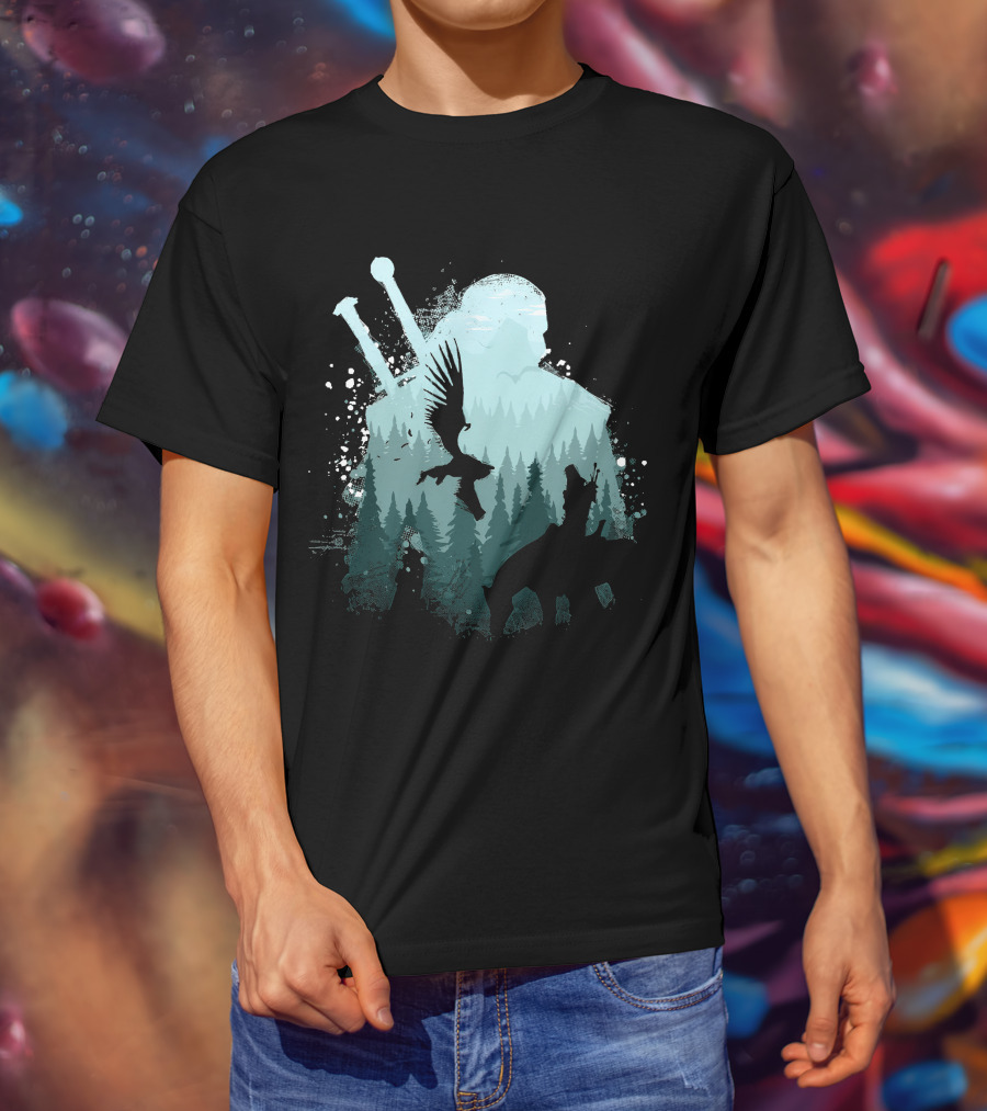 Wild Huntsman Silhouette With Swords Forest And Animals T-Shirt