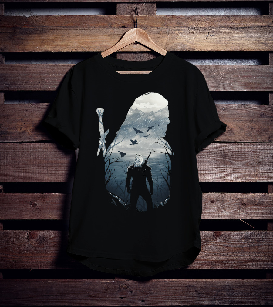 Wild Hunt Forest Geralt Silhouette With Mountains Ravens Sword T-Shirt