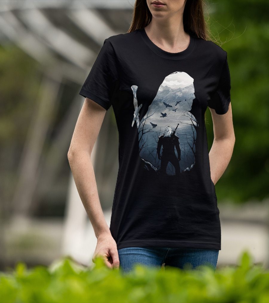 Wild Hunt Forest Geralt Silhouette With Mountains Ravens Sword T-Shirt