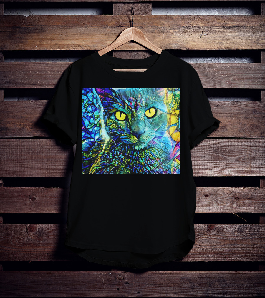 Cochfdhfdhfdh Stained Glass Mosaic Cat With Vibrant Yellow Eyes T-Shirt