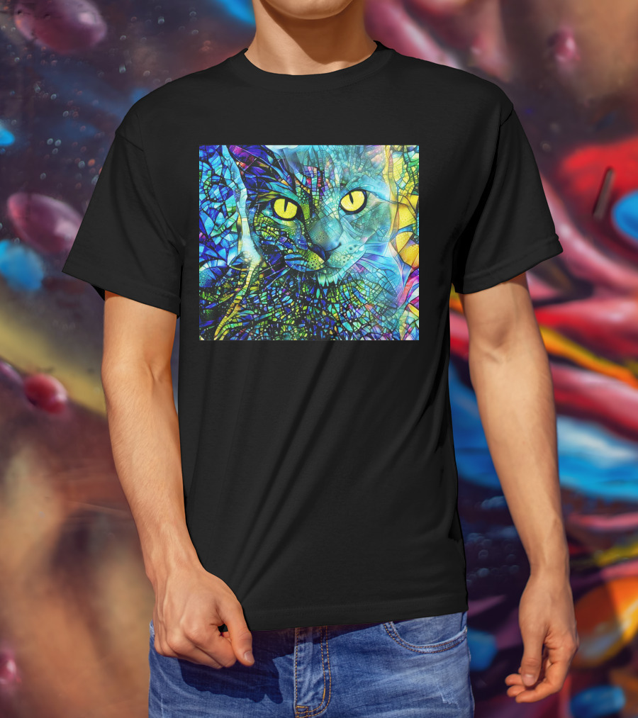 Cochfdhfdhfdh Stained Glass Mosaic Cat With Vibrant Yellow Eyes T-Shirt