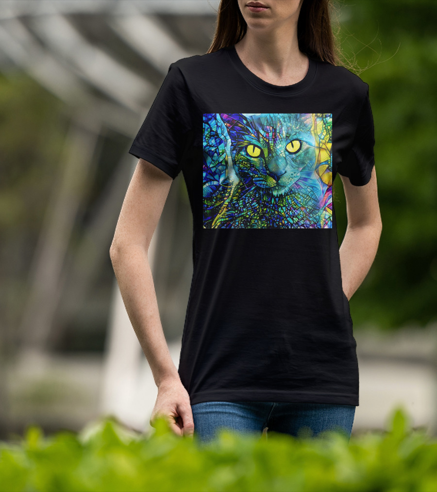 Cochfdhfdhfdh Stained Glass Mosaic Cat With Vibrant Yellow Eyes T-Shirt