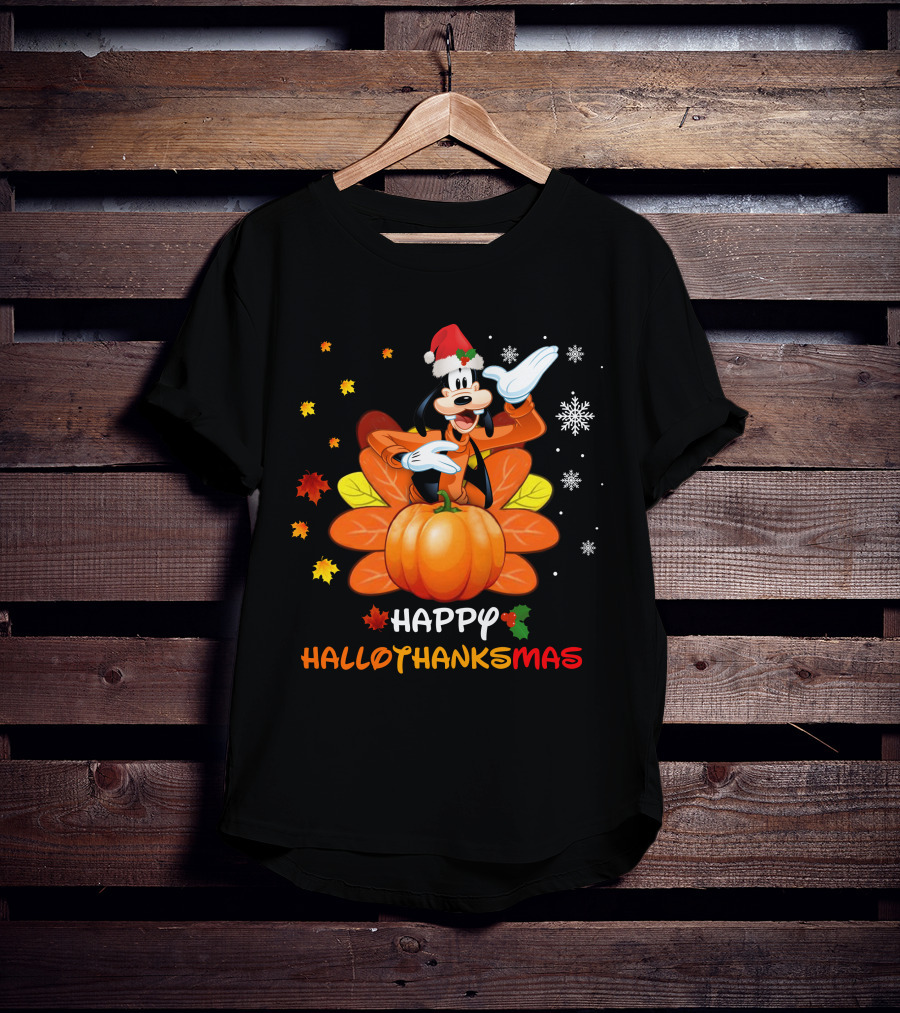 Happy Goofy HalloThanksMas Snowflakes Pumpkin Leaves Santa Hat T-Shirt