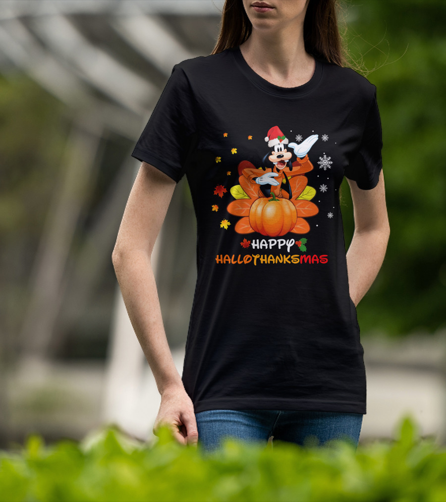 Happy Goofy HalloThanksMas Snowflakes Pumpkin Leaves Santa Hat T-Shirt
