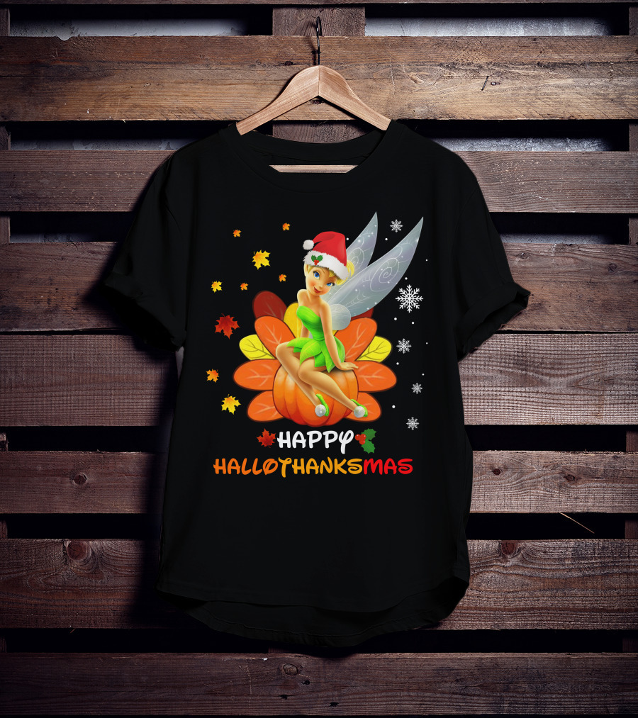 Tinkerbell Happy HalloThanksMas Pumpkin Santa Hat Snowflakes T-Shirt
