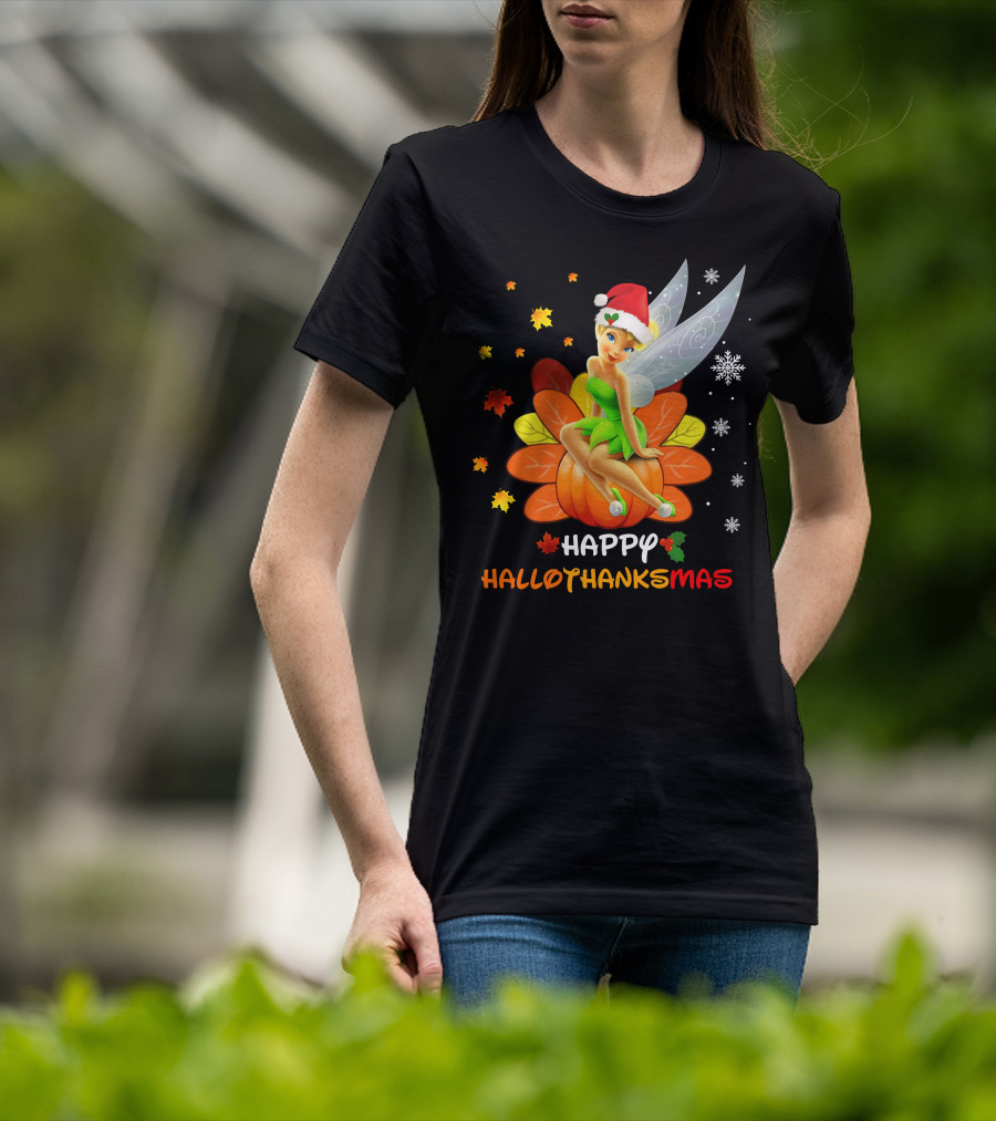 Tinkerbell Happy HalloThanksMas Pumpkin Santa Hat Snowflakes T-Shirt