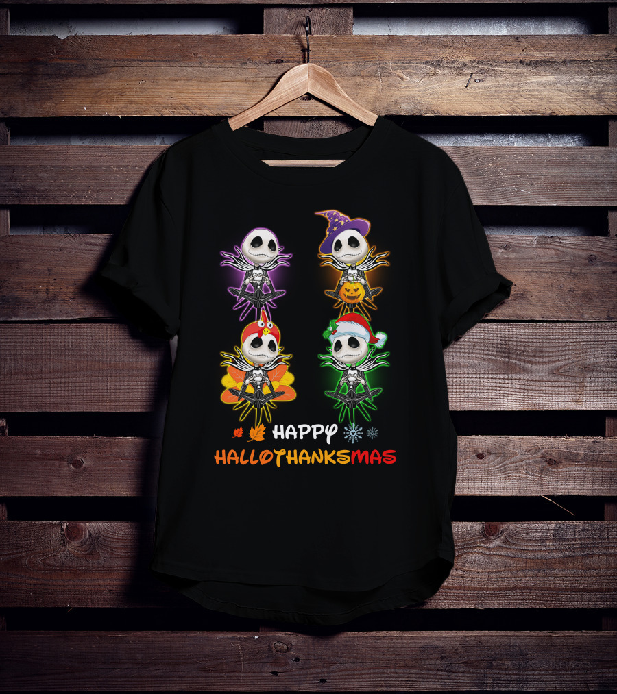 Happy HalloThanksMas Jack Skellington With Pumpkin Turkey Santa Hat T-Shirt