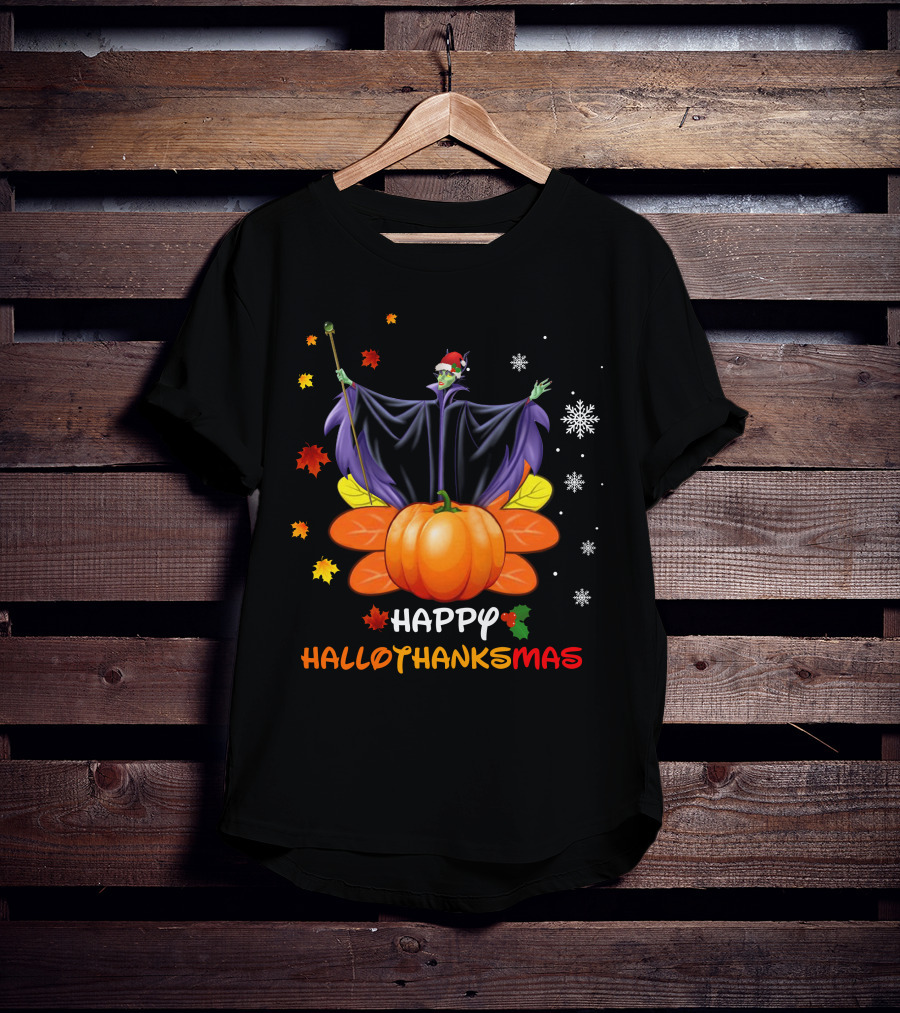 Happy Hallothanksmas Maleficent With Pumpkin And Santa Hat T-Shirt
