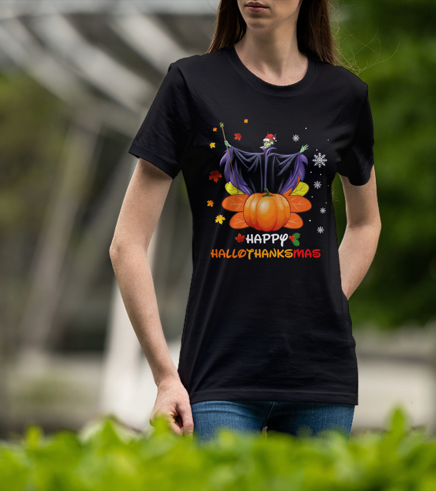 Happy Hallothanksmas Maleficent With Pumpkin And Santa Hat T-Shirt