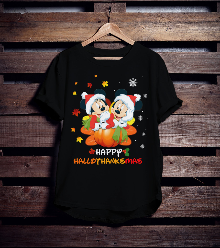 Mickey Happy HalloThanksMas Pumpkin Leaves Snowflakes T-Shirt