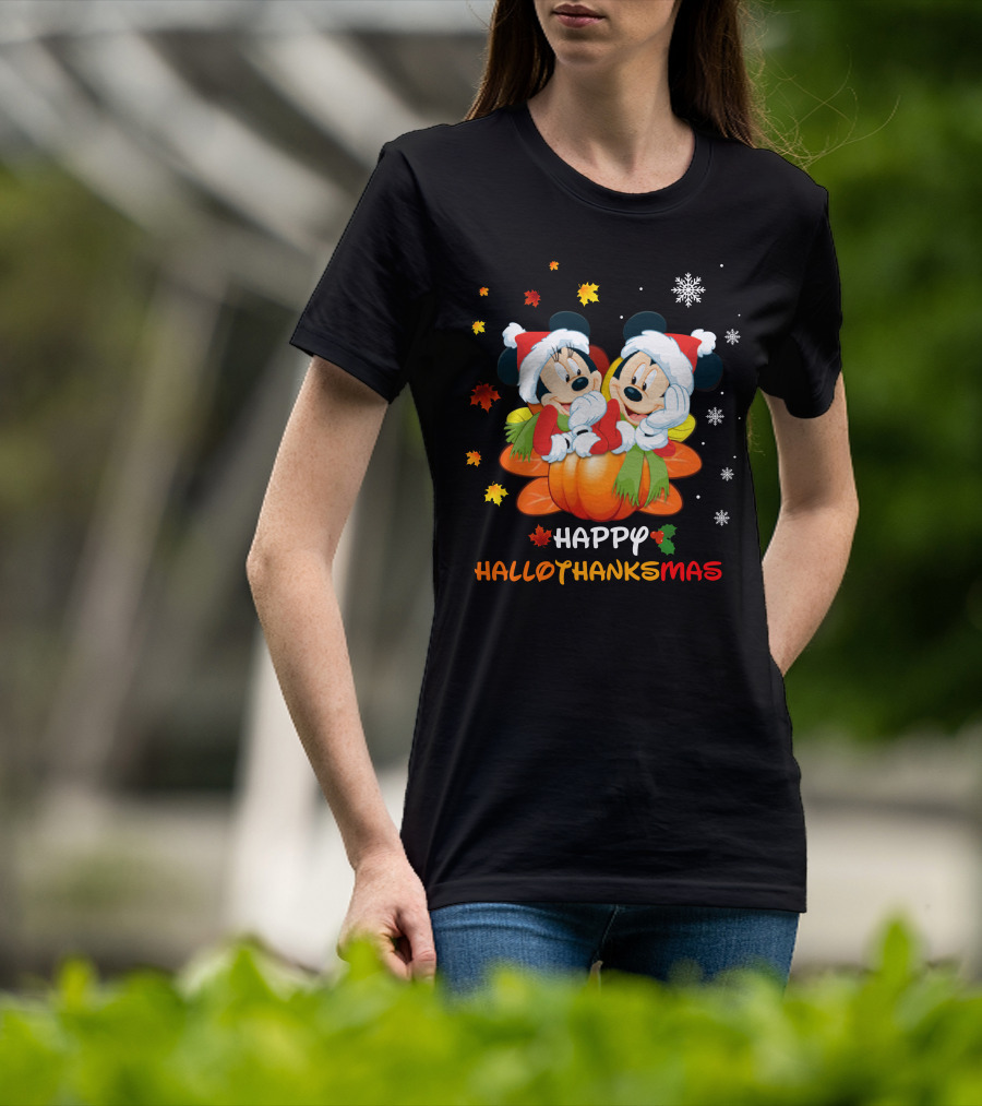 Mickey Happy HalloThanksMas Pumpkin Leaves Snowflakes T-Shirt