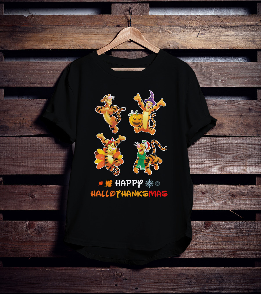 Happy Hallothanksmas Tigger Variations With Pumpkin Turkey And Holiday Outfits T-Shirt