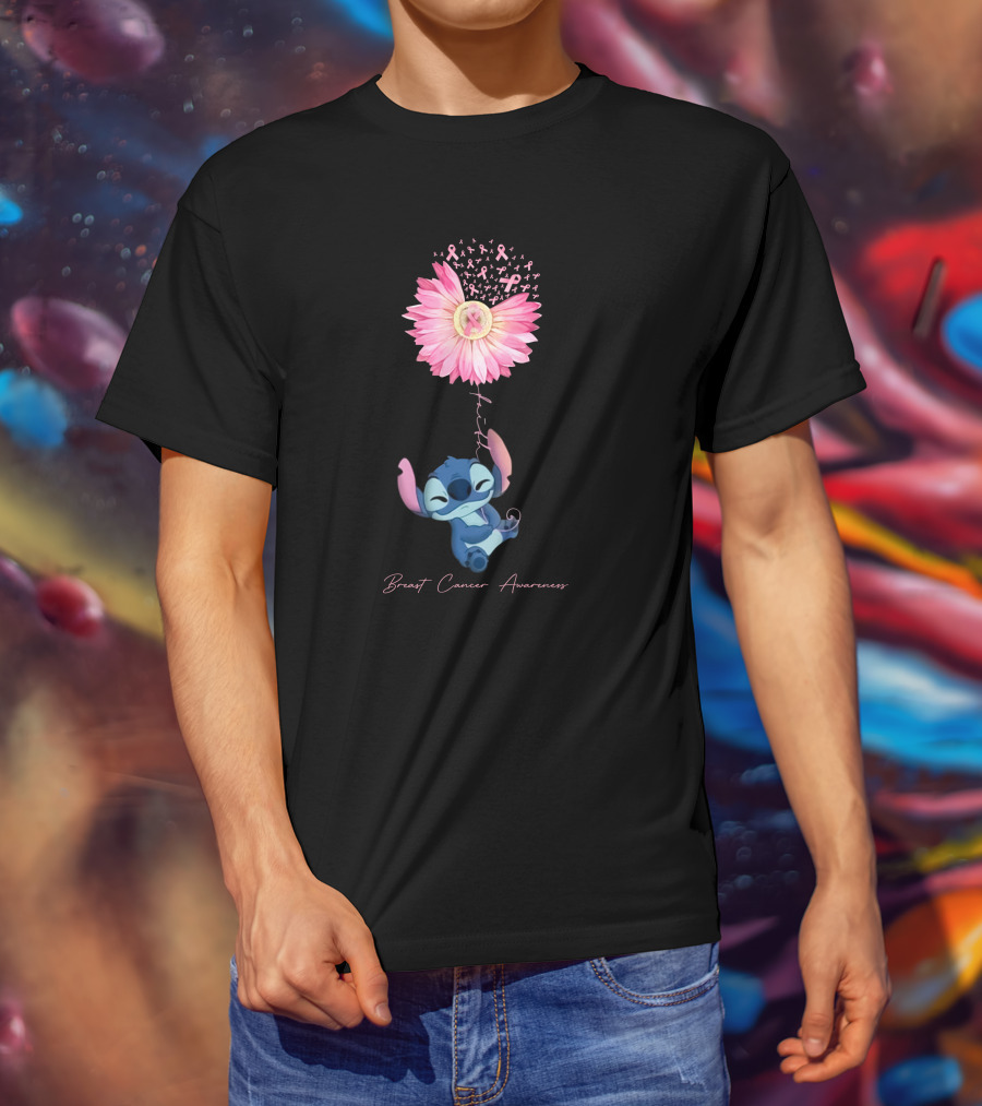 Breast Cancer Awareness Stitch Pink Ribbon Flower T-Shirt
