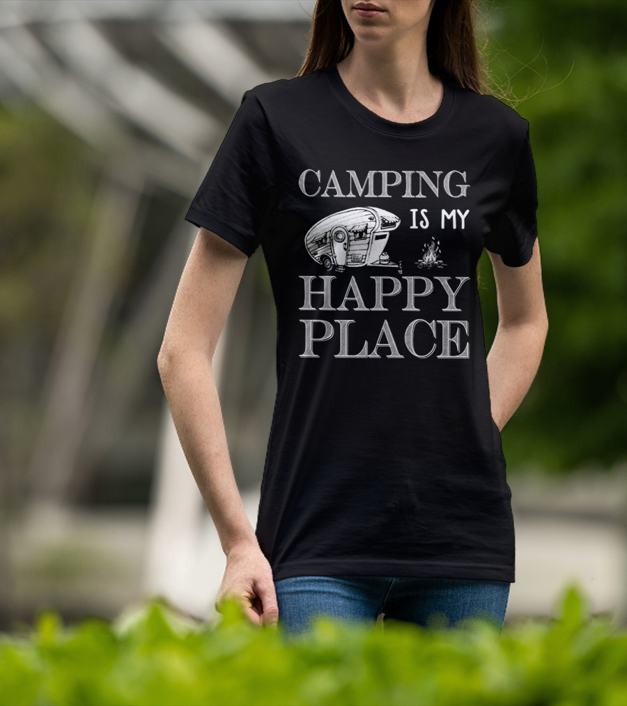 Camping Is My Happy Place With RV And Campfire Scene T-Shirt
